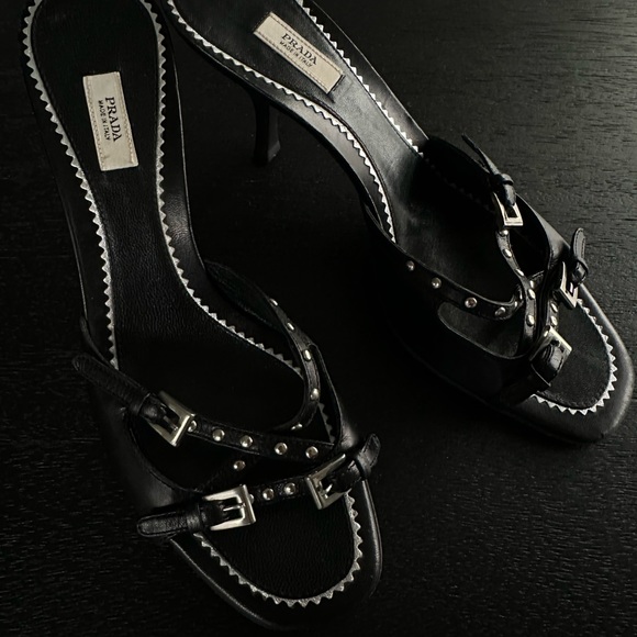 SOLD‼️ PRADA Black Leather Studded Straps Kitten Heels Sandals Mules Shoes - Picture 6 of 7